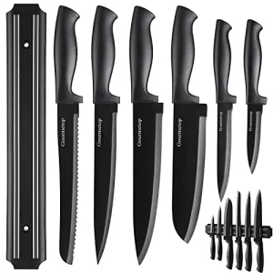 Kitchen Knife Set with No Drilling Magnetic Strip, Knives Set for Kitchen Black Cooking Knives, Sharp Stainless Steel Chef Knife Set for Cutting Meat & Vegetable, Small Knife Set