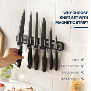 Kitchen Knife Set with No Drilling Magnetic Strip, Knives Set for Kitchen Black Cooking Knives, Sharp Stainless Steel Chef Knife Set for Cutting Meat & Vegetable, Small Knife Set