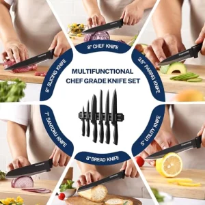 Kitchen Knife Set with No Drilling Magnetic Strip, Knives Set for Kitchen Black Cooking Knives, Sharp Stainless Steel Chef Knife Set for Cutting Meat & Vegetable, Small Knife Set