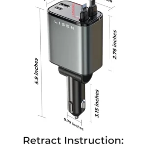 LISEN Retractable Car Charger, 69W USB C Car Accessories Adapter for iPhone 16 USB C Charger Fast Charging, Fathers Day for Gifts, Travel Essentials Gifts for Women Men, for iPhone 16 15