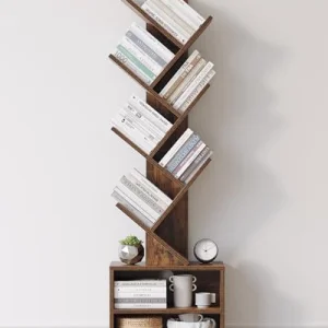 SUNMORY 6 Tier Tree Bookshelf, Small Bookcase with Storage Cabinet, Modern Tall Narrow Bookshelves Organizer, Floor Standing Book Shelf for Bedroom/Living Room/Home Office/Corner, Rustic Brown