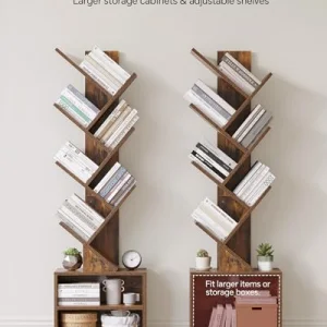 SUNMORY 6 Tier Tree Bookshelf, Small Bookcase with Storage Cabinet, Modern Tall Narrow Bookshelves Organizer, Floor Standing Book Shelf for Bedroom/Living Room/Home Office/Corner, Rustic Brown
