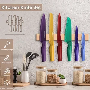 Astercook Knife Set, 12 Pcs Color-Coded Kitchen Knives Set, 6 Color Anti-Rust Coating Stainless Steel Chef Knife Sets with 6 Blade Guards Dishwasher Safe