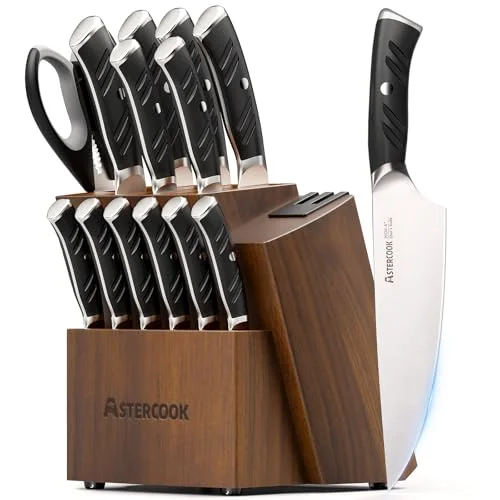 Astercook Knife Set, Kitchen Knives Set with Block and Dual Sharpener Full Tang 