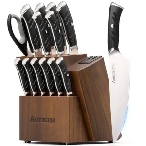 Astercook Knife Set, Kitchen Knives Set with Block and Dual Sharpener Full Tang 15 Pcs German Stainless Steel Knives Sharp Blade Dishwasher Safe Knife Set with Ergonomic Handle, Elegant