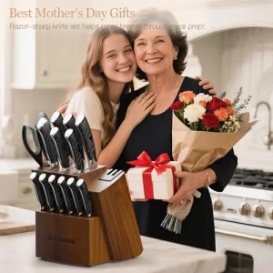 Astercook Knife Set, Kitchen Knives Set with Block and Dual Sharpener Full Tang 15 Pcs German Stainless Steel Knives Sharp Blade Dishwasher Safe Knife Set with Ergonomic Handle, Elegant