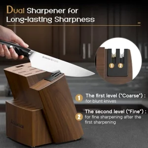 Astercook Knife Set, Kitchen Knives Set with Block and Dual Sharpener Full Tang 15 Pcs German Stainless Steel Knives Sharp Blade Dishwasher Safe Knife Set with Ergonomic Handle, Elegant