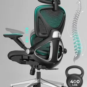 Ergonomic Mesh Office Chair, Adjustable Lumbar High Back Desk Chair 400lbs, 4D Flip-up Arms, 3-Level Tilt Backrest, 3D Headrest, PU Wheels, Swivel Rolling Computer Seating for Long Desk Work