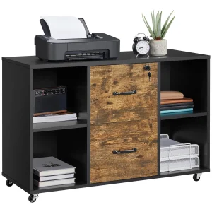Yaheetech Filing Cabinet Lateral File Cabinet with 2 Drawer and 4 Open Compartments for Letter Size A4 Size, Printer Stand for Home Office, Black/Rustic Brown