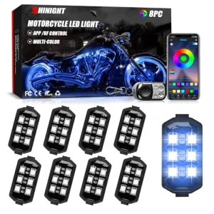 SHINIGHT 8 Pcs Motorcycle LED Light Kits, App Control Multicolor Waterproof Motorcycle LED Strip Lights with RF Remote, Music Sync & Multiple Scene Modes RGB LED Lights for