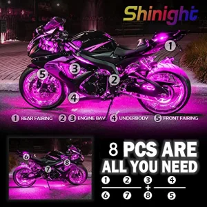 SHINIGHT 8 Pcs Motorcycle LED Light Kits, App Control Multicolor Waterproof Motorcycle LED Strip Lights with RF Remote, Music Sync & Multiple Scene Modes RGB LED Lights for