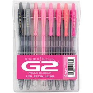 Pilot, G2 Premium Gel Roller Pens, G2 Boost Pink Pack, The Colors of Optimism, 8 Pack Pouch, Fine Point 0.7 mm, Assorted