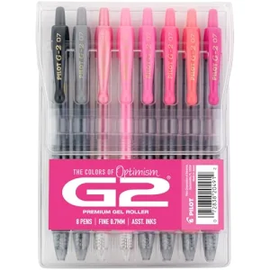 Pilot, G2 Premium Gel Roller Pens, G2 Boost Pink Pack, The Colors of Optimism, 8 Pack Pouch, Fine Point 0.7 mm, Assorted