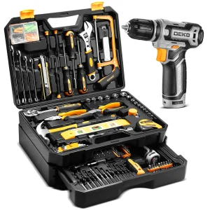 Tool Kit Box Drill Setï¼DEKOPRO Home Mechanic Toolbox with 12V Power Cordless Drill Hand Repair Tools Sets Combo Kits Storage Organizer Drawer Case for Men