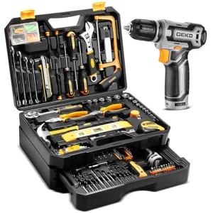 Tool Kit Box Drill Setï¼DEKOPRO Home Mechanic Toolbox with 12V Power Cordless Drill Hand Repair Tools Sets Combo Kits Storage Organizer Drawer Case for Men