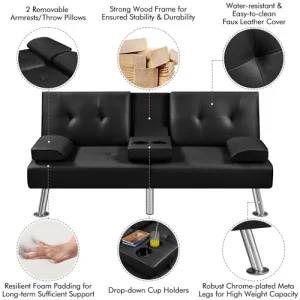 Yaheetech Convertible Sofa Bed Adjustable Couch Sleeper Modern Faux Leather Recliner Reversible Loveseat Folding Daybed Guest Bed, Removable Armrests, Cup Holders, 3 Angles, 772lb Capacity, Black