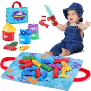 hahaland Toddler Toys Montessori Toys for 1 Year Old Boy Girl Birthday Gift, 10 in 1 Cloth Fishing Game with Stacking Cups- Number Counting, Color Sorting, Shape Learning 1 Year Old Girl Boy Gifts