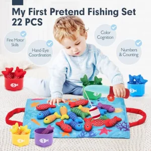 hahaland Toddler Toys Montessori Toys for 1 Year Old Boy Girl Birthday Gift, 10 in 1 Cloth Fishing Game with Stacking Cups- Number Counting, Color Sorting, Shape Learning 1 Year Old Girl Boy Gifts
