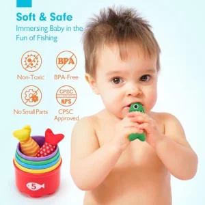 hahaland Toddler Toys Montessori Toys for 1 Year Old Boy Girl Birthday Gift, 10 in 1 Cloth Fishing Game with Stacking Cups- Number Counting, Color Sorting, Shape Learning 1 Year Old Girl Boy Gifts
