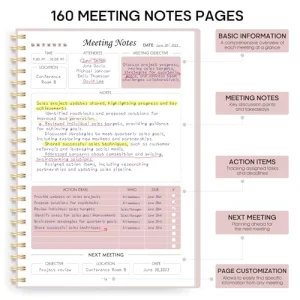 Meeting Notebook for Work Organization - Work Planner Notebook with Action Items, Agenda Planner for Note Taking, 160 Pages (6.9