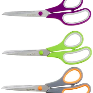 Amazon Basics Stainless Steel Scissors for Office, Crafts, Multipurpose, Sharp, Comfort Grip, PVD Coated, 3 Pack, Multicolor