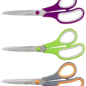Amazon Basics Stainless Steel Scissors for Office, Crafts, Multipurpose, Sharp, Comfort Grip, PVD Coated, 3 Pack, Multicolor