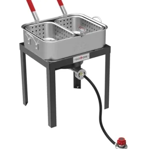Gas One Double Fryer with 2 Baskets Propane Burners for Outdoor Cooking â Heavy Duty 18Qt Aluminum Pot Outdoor Deep Fryer with Cast Iron Burner â Propane Deep Fryer with Thermometer