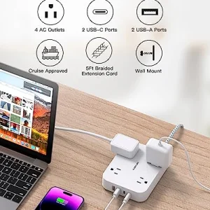 Flat Plug Extension Cord, HANYCONY 5ft Power Strip with 4 USB Ports(2 USB C), 4 Widely Outlets Extender, Wall Mount, Desk Charging Station for Office School Travel Dorm Room Essentials, ETL Listed