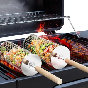 Rolling Grill Basket(2PCS), Removable Wooden Handle, 304 Stainless Steel, Nesting Grilling Net, BBQ Accessories Tool for Vegetable Shrimp, Outdoor Cooking Camping, Birthday Gifts for Men