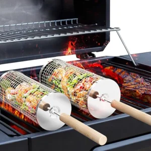 Rolling Grill Basket(2PCS), Removable Wooden Handle, 304 Stainless Steel, Nesting Grilling Net, BBQ Accessories Tool for Vegetable Shrimp, Outdoor Cooking Camping, Birthday Gifts for Men
