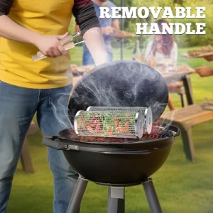 Rolling Grill Basket(2PCS), Removable Wooden Handle, 304 Stainless Steel, Nesting Grilling Net, BBQ Accessories Tool for Vegetable Shrimp, Outdoor Cooking Camping, Birthday Gifts for Men
