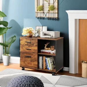 DEVAISE 3 Drawer Mobile File Cabinet, Wood Lateral Filing Cabinet, Printer Stand with Open Shelves for Home Office, Rustic Brown