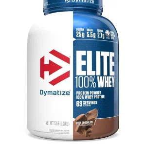 Dymatize Elite 100% Whey Protein Powder, 25g Protein, 5.5g BCAAs & 2.7 L-Leucine, Quick Absorbing & Fast Digesting for Optimal Muscle Recovery, Rich Chocolate, 5 Pound, 63