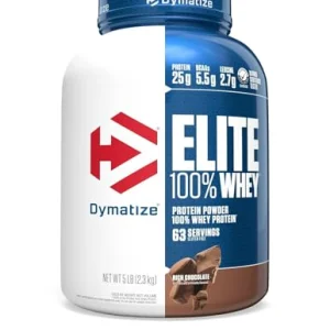 Dymatize Elite 100% Whey Protein Powder, 25g Protein, 5.5g BCAAs & 2.7 L-Leucine, Quick Absorbing & Fast Digesting for Optimal Muscle Recovery, Rich Chocolate, 5 Pound, 63